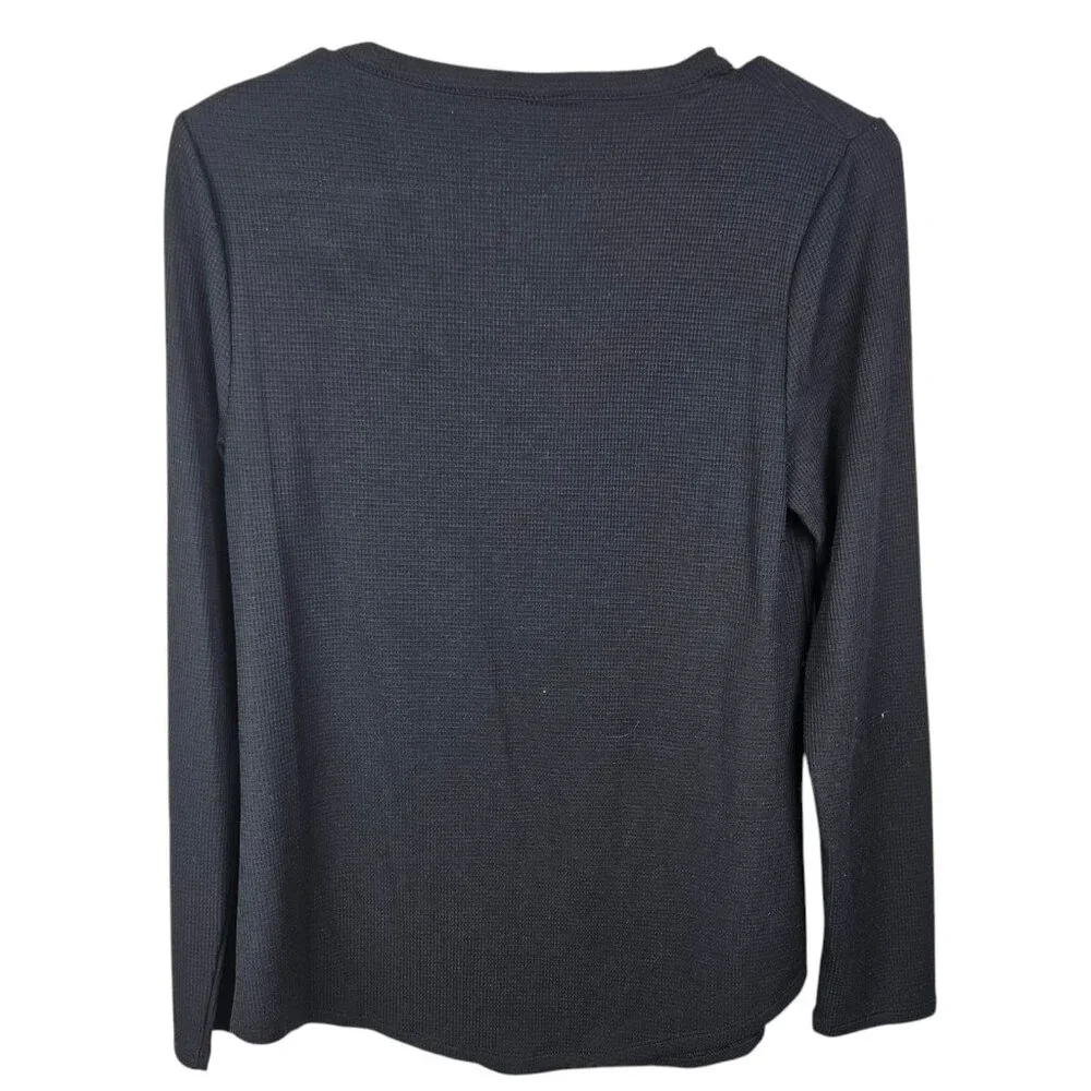 Athleta Wind Down Black Henley‎ Style Long Sleeve Top Waffle Knit Size Medium